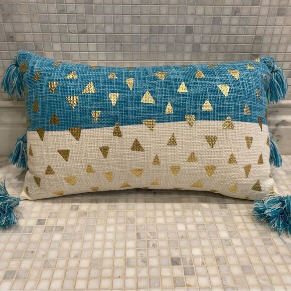 Pier One Lumbar Teal White Pillow with Tassels - Picture 1 of 9